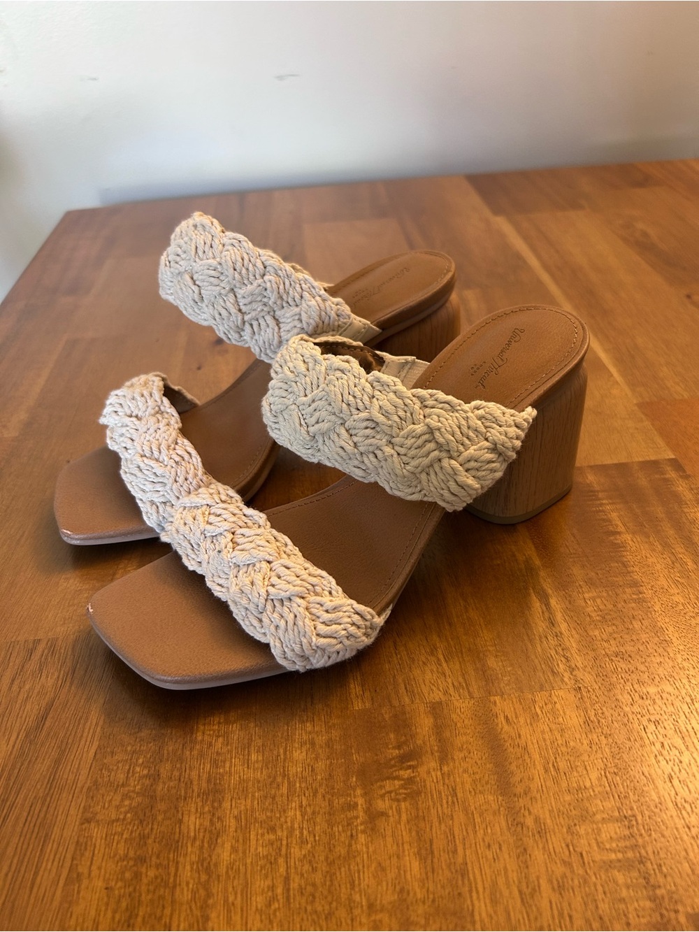 Universal Thread Braided Two-Strap Block Heel Sandals in Cream and Tan
